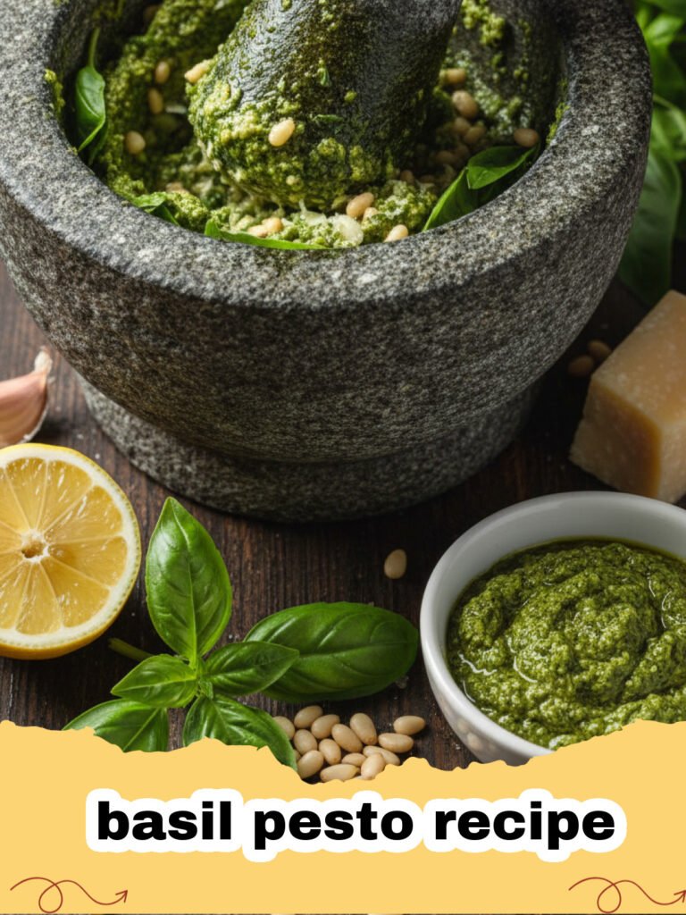basil pesto recipe - A vibrant green bowl of freshly made basil pesto surrounded by fresh basil leaves, pine nuts, garlic cloves, and Parmesan cheese.