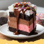 ice cream cake recipe - A beautifully decorated homemade ice cream cake with chocolate layers, vanilla ice cream, and sprinkles on a serving platter.