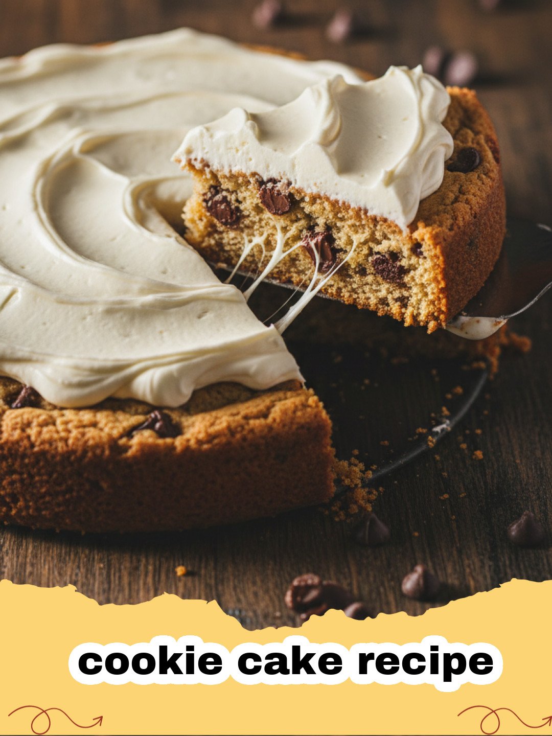 cookie cake recipe - A large decorated chocolate chip cookie cake with buttercream frosting on a wooden board.