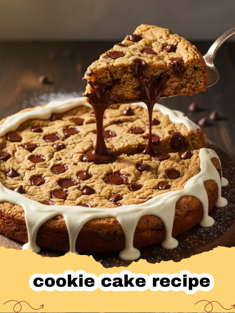 cookie cake recipe - A beautifully decorated homemade chocolate chip cookie cake with frosting and sprinkles.