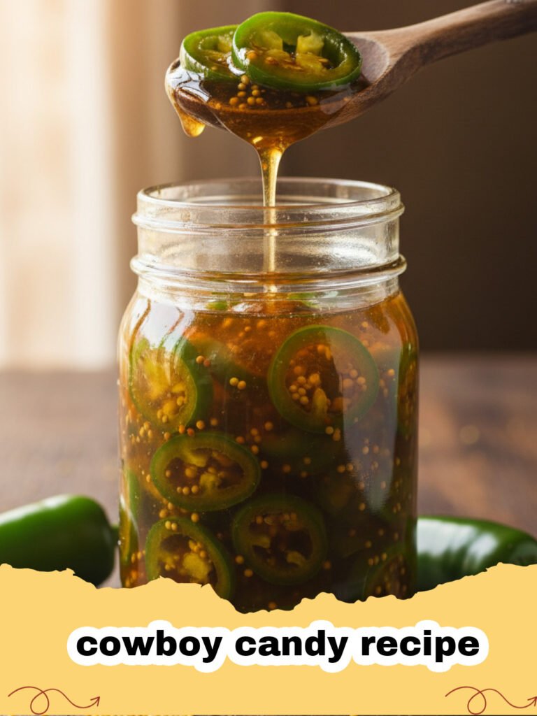 cowboy candy recipe - Jars of homemade sweet and spicy cowboy candy (candied jalapeños) on a rustic wooden background.