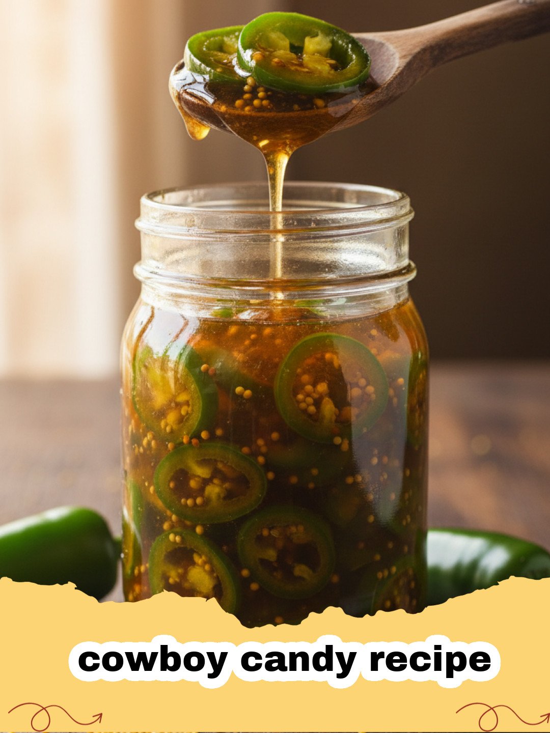 cowboy candy recipe - Jars of homemade sweet and spicy cowboy candy (candied jalapeños) on a rustic wooden background.