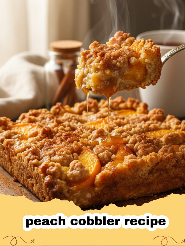 peach cobbler recipe - A golden brown peach cobbler in a glass dish with a scoop of melting vanilla ice cream.