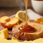 peach jam recipe - Close-up of golden homemade peach jam in a clear glass jar with a metal lid.