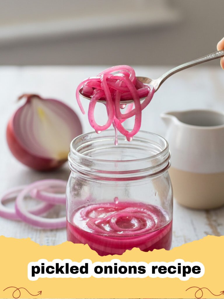 pickled onions recipe - Close-up of a glass jar filled with vibrant pink pickled red onions, with a few slices resting on a wooden board next to it.