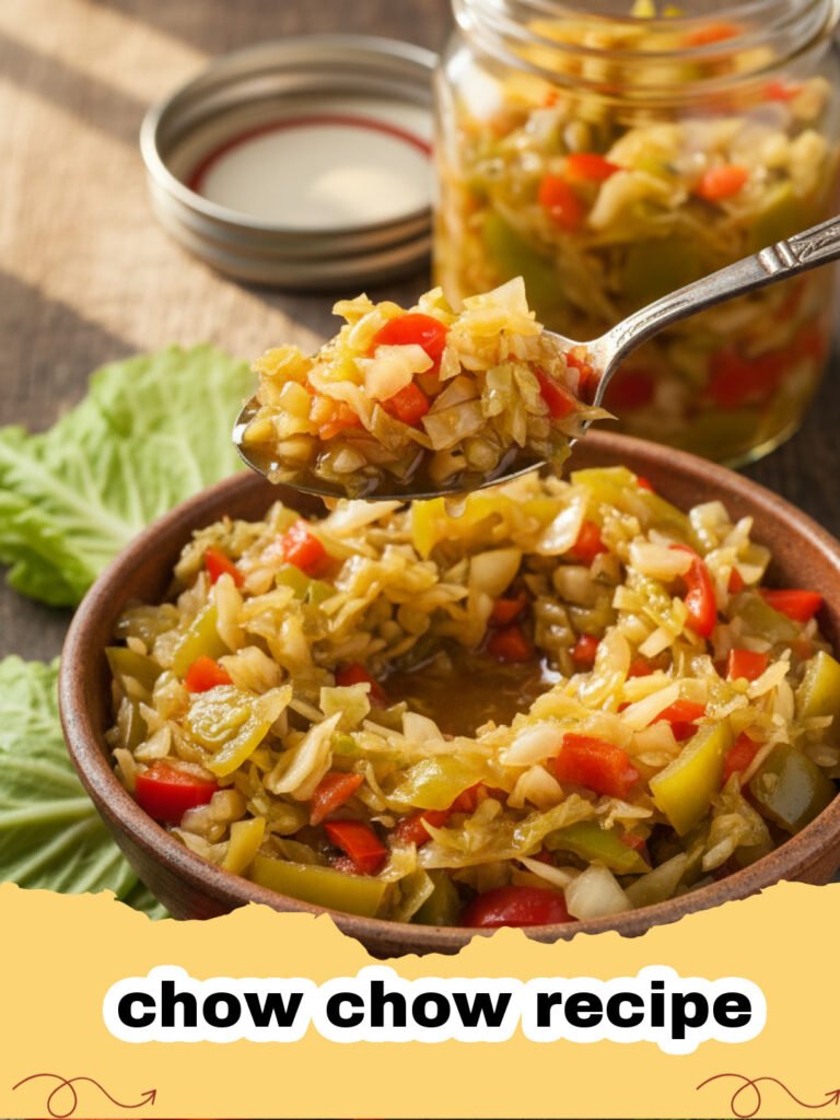 chow chow recipe - A vibrant jar of Southern chow chow relish next to fresh green tomatoes and cabbage.