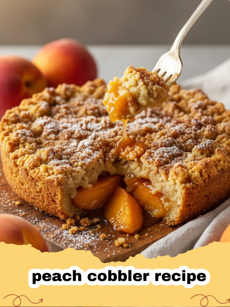 peach cobbler recipe - A golden brown peach cobbler in a baking dish with a scoop of melting vanilla ice cream.