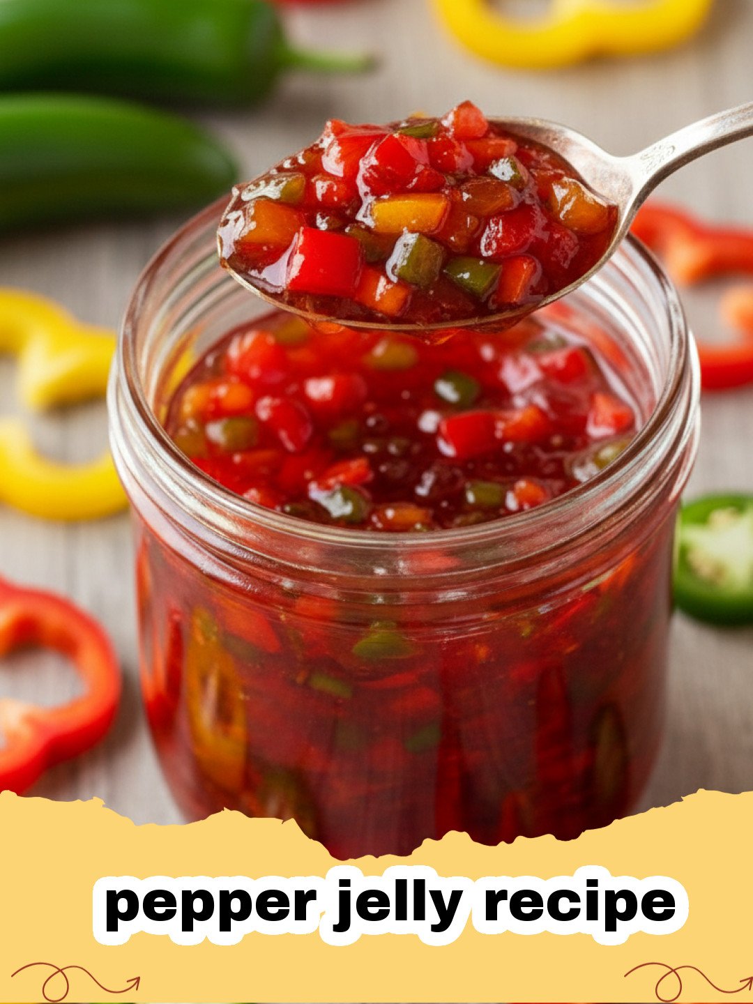 pepper jelly recipe - Several jars of homemade red and green pepper jelly on a wooden board with crackers and cream cheese.