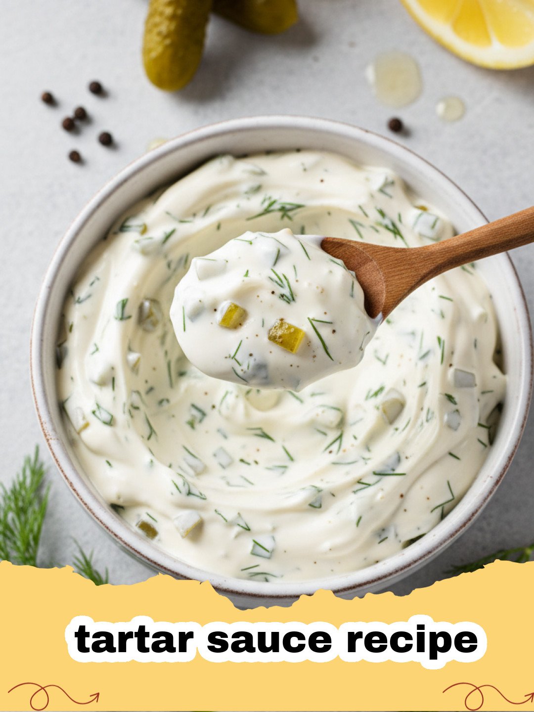 tartar sauce recipe - Creamy homemade tartar sauce in a small bowl with fresh dill, alongside fried fish.