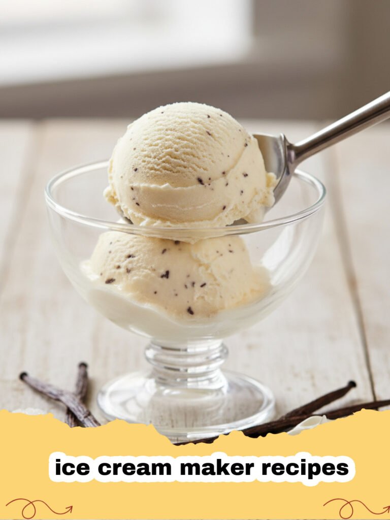 ice cream maker recipes - A scoop of creamy homemade vanilla bean ice cream in a bowl with a vanilla bean pod nearby.