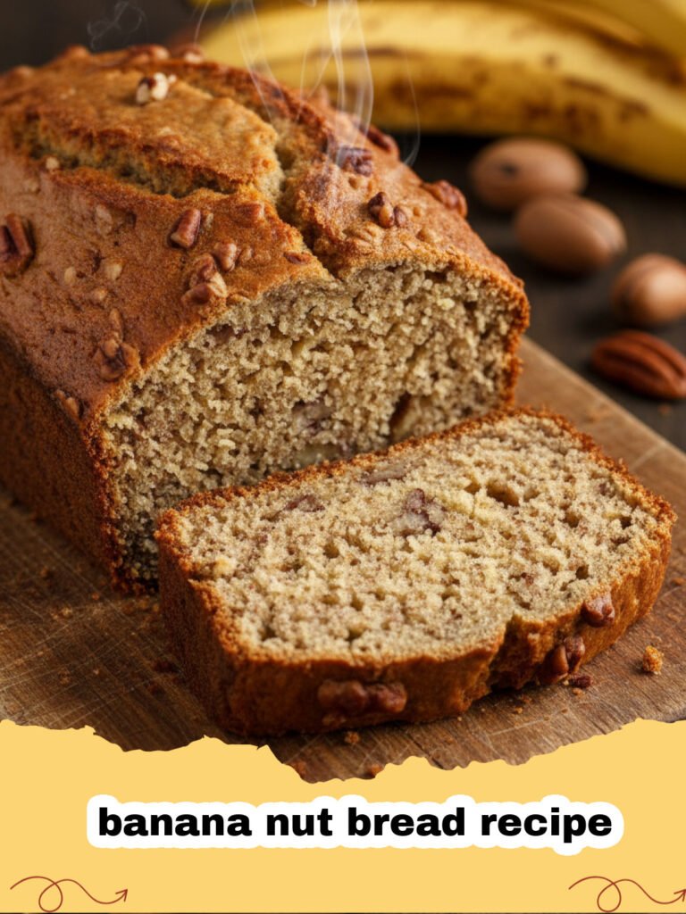 banana nut bread recipe - A golden brown loaf of banana nut bread sliced on a wooden board.
