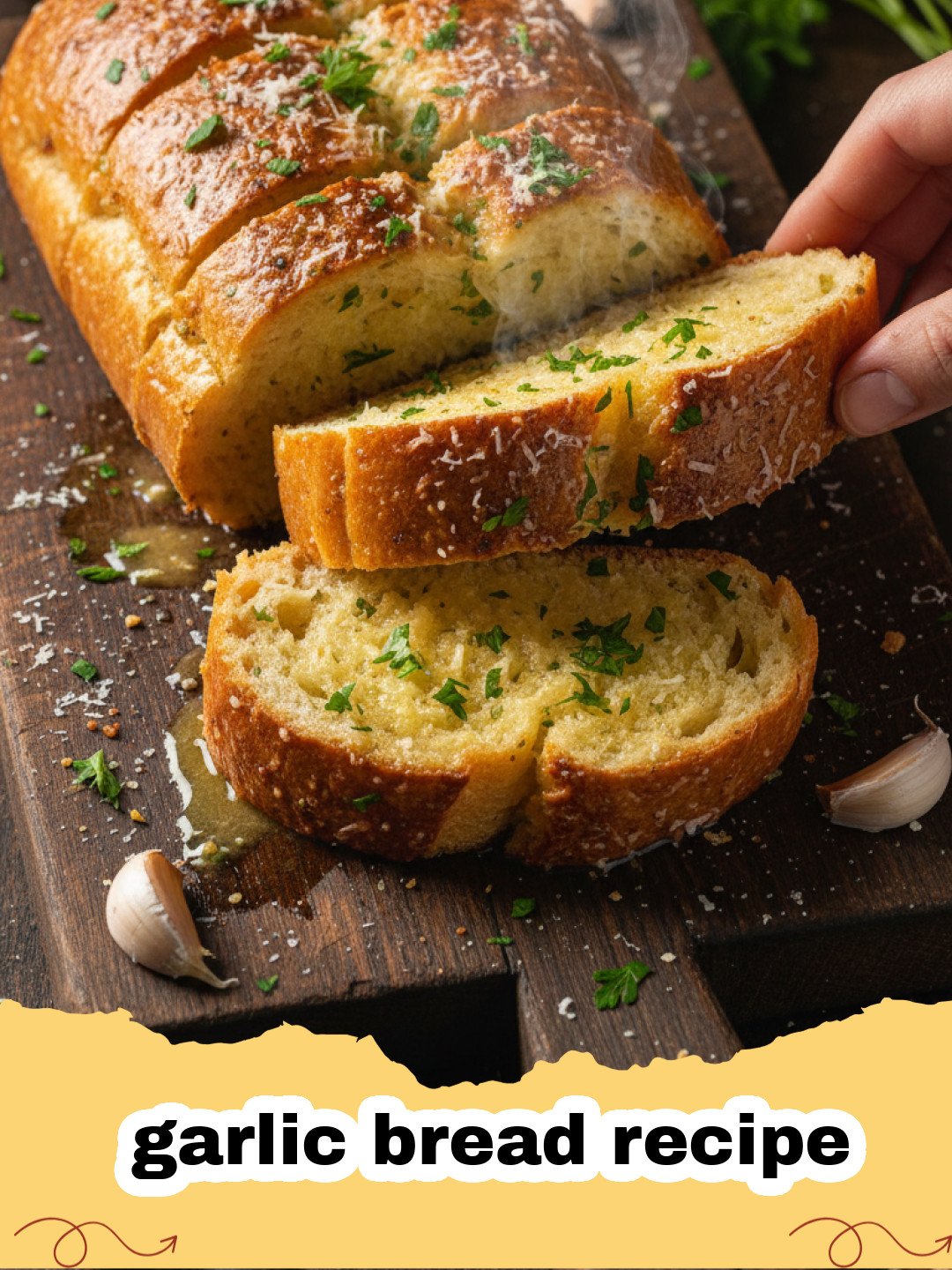 garlic bread recipe - Golden brown cheesy garlic bread slices on a wooden board, garnished with fresh parsley.