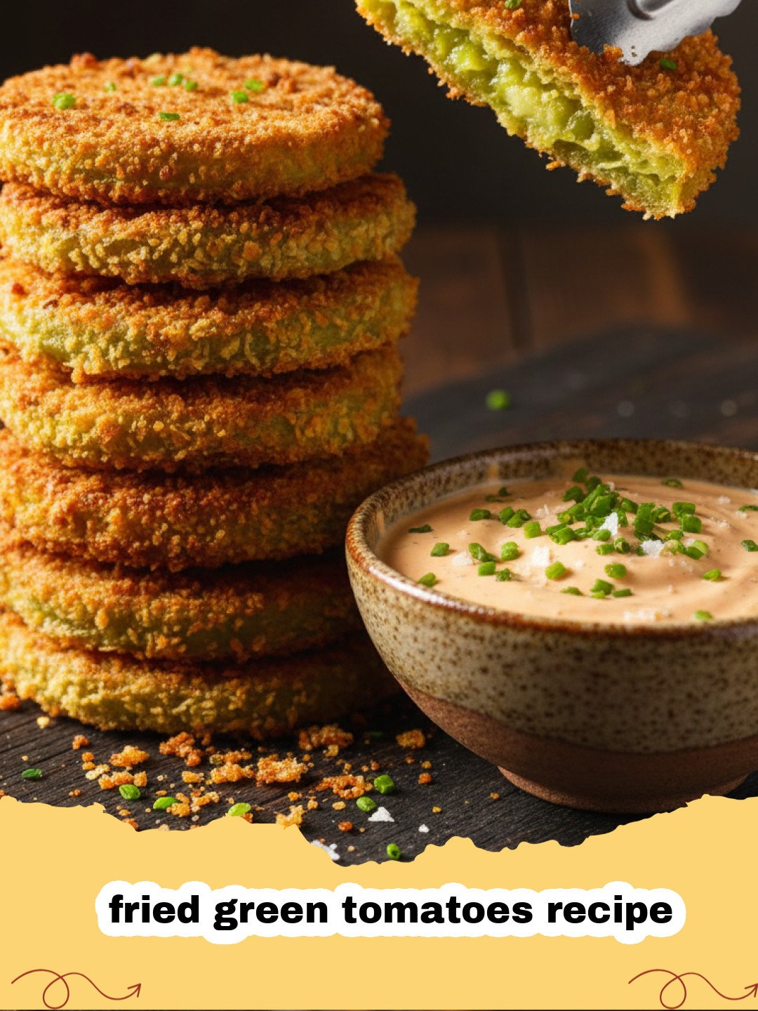 fried green tomatoes recipe - A plate of crispy golden brown fried green tomatoes with a side of remoulade sauce.