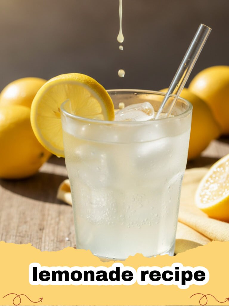 lemonade recipe - A glass pitcher filled with homemade lemonade, garnished with fresh lemon slices and mint, sitting on a wooden table outdoors.