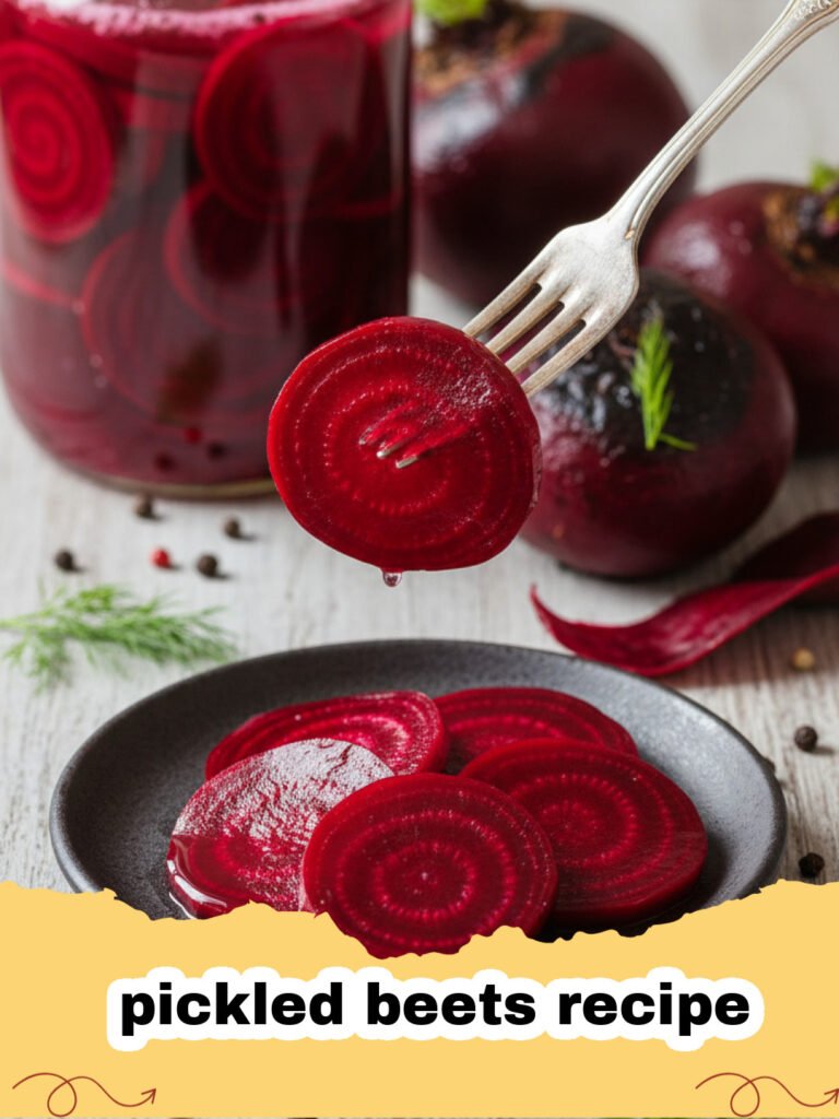 pickled beets recipe - A glass jar filled with vibrant red pickled beets in a clear brine with cinnamon sticks.