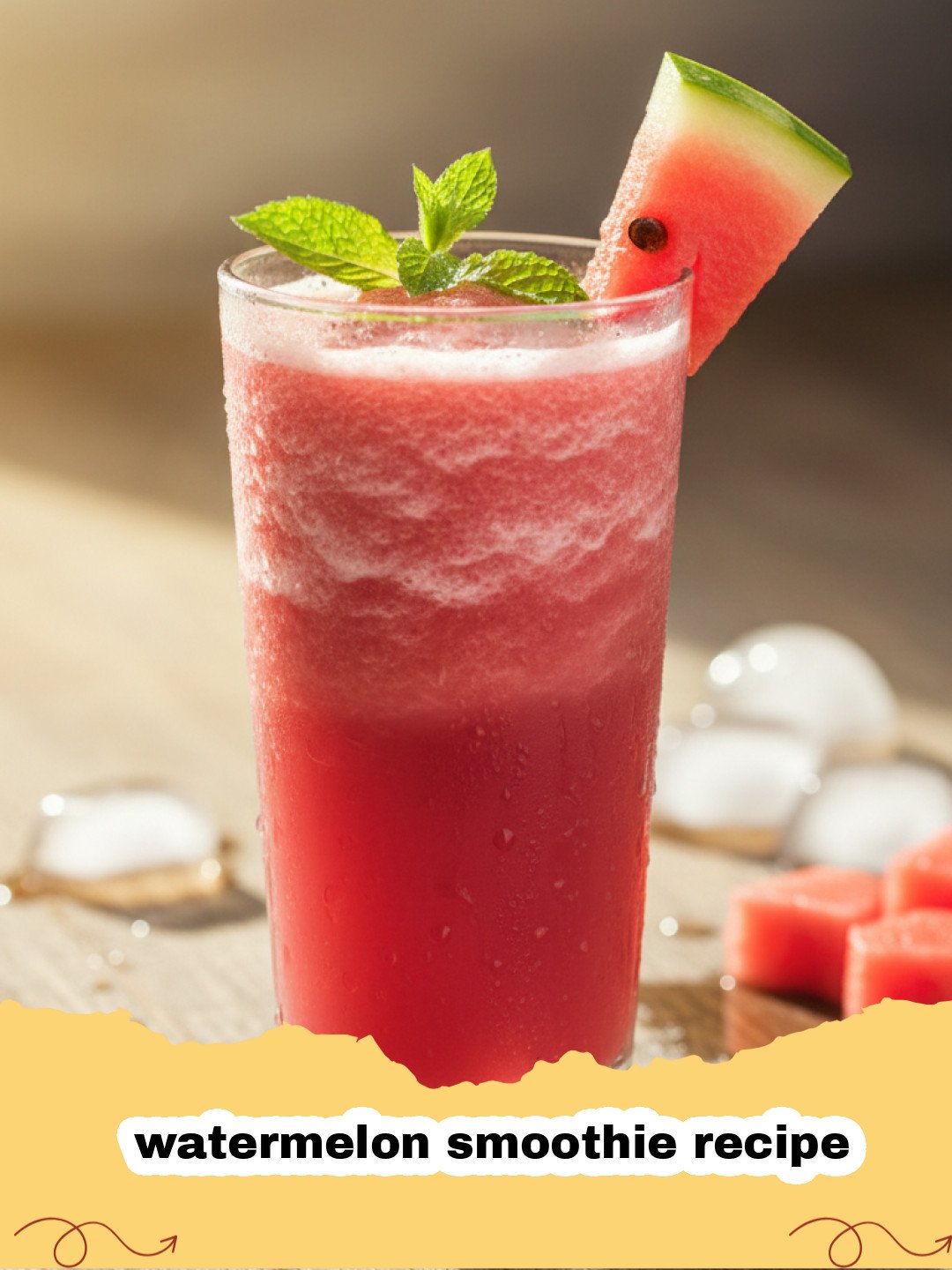 watermelon smoothie recipe - Close-up of a vibrant red watermelon smoothie in a glass with a lime wedge and mint sprig.