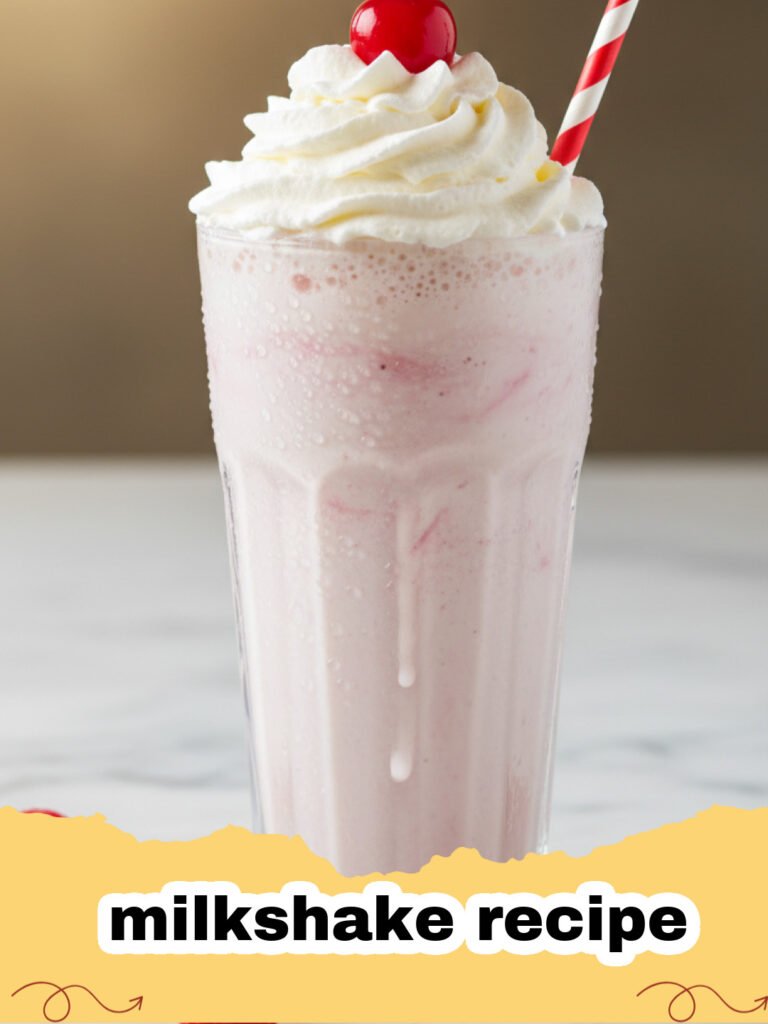 milkshake recipe - Two tall glasses of classic vanilla milkshake topped with whipped cream and sprinkles, ready to be enjoyed.