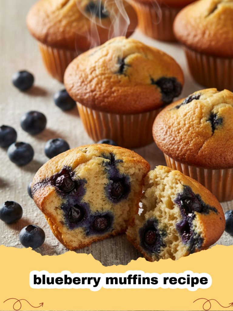 blueberry muffins recipe - Close-up of a perfectly baked fluffy blueberry muffin with a golden top and visible blueberries.