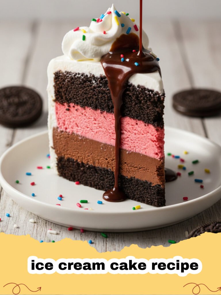 ice cream cake recipe - A beautifully layered homemade ice cream cake with chocolate and vanilla ice cream, Oreo crust, hot fudge, caramel, and whipped topping.