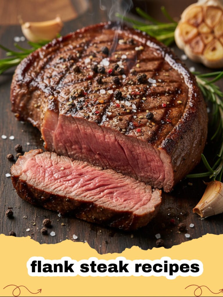 flank steak recipes - Slices of perfectly grilled marinated flank steak garnished with fresh cilantro on a white platter.