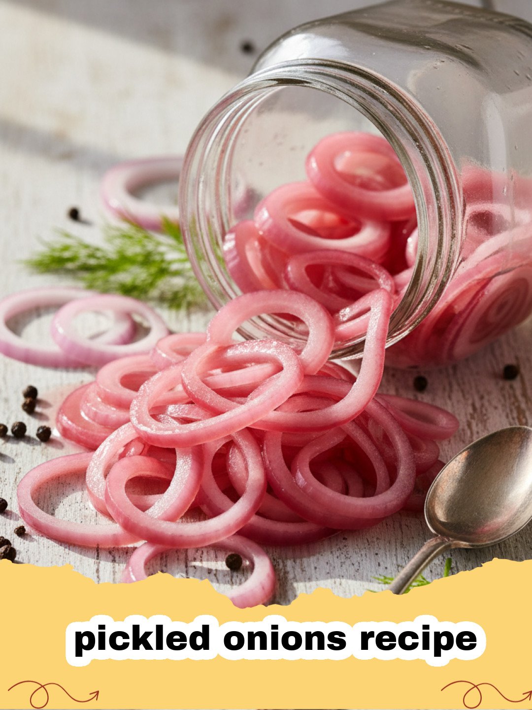 pickled onions recipe - Jar of bright pink homemade pickled red onions on a wooden board
