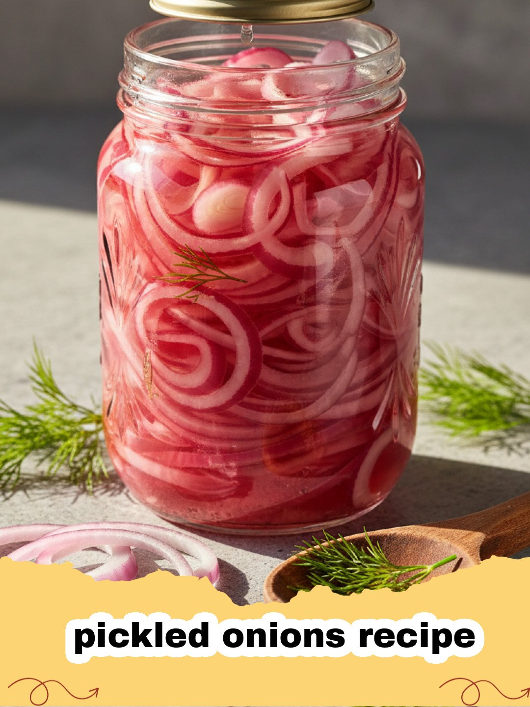 pickled onions recipe - Close-up of vibrant red pickled onions in a glass jar, with a few slices spilling out, against a rustic background.