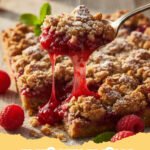 raspberry recipes - Warm Raspberry Almond Crumble topped with vanilla ice cream in a white bowl.