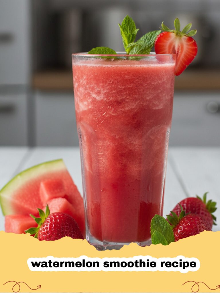 watermelon smoothie recipe - A tall glass of pink watermelon smoothie with a mint garnish and lime wedge on a sunny table.