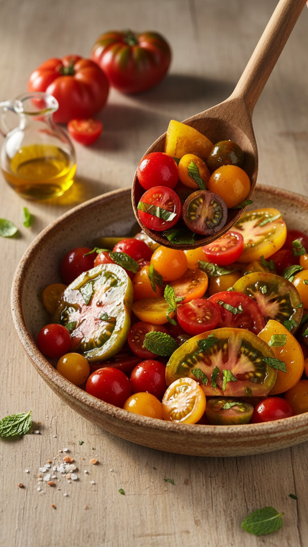 Roasted Heirloom Tomato and Basil Pasta Preparation