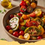 heirloom tomatoes recipes - A close-up shot of a bowl of pasta topped with roasted heirloom tomatoes of various colors and fresh green basil.