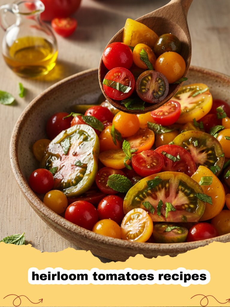 heirloom tomatoes recipes - A close-up shot of a bowl of pasta topped with roasted heirloom tomatoes of various colors and fresh green basil.