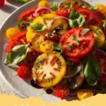 heirloom tomatoes recipes - Close-up of roasted heirloom tomatoes with garlic confit and fresh basil on a white serving dish.