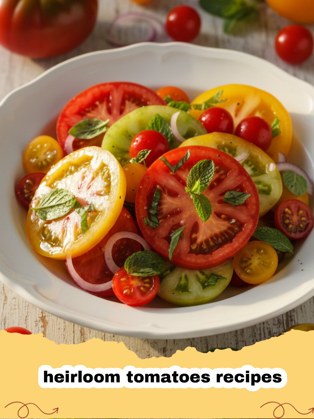 heirloom tomatoes recipes - Platter of roasted heirloom tomatoes with creamy burrata cheese and fresh basil