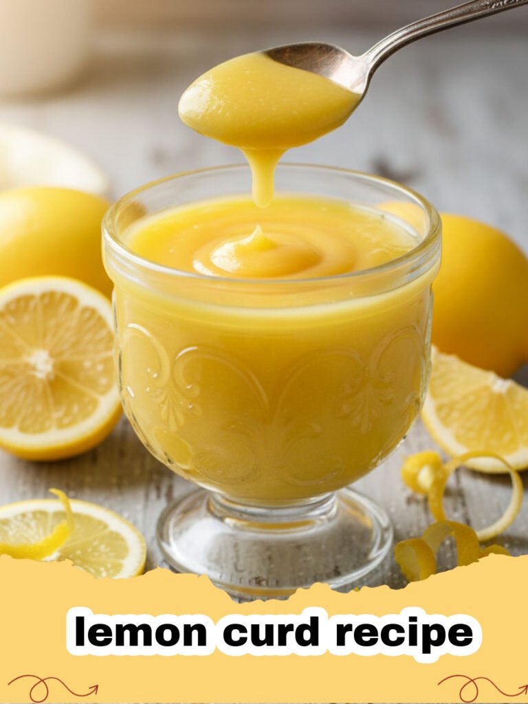 lemon curd recipe - A jar of vibrant yellow, silky smooth homemade lemon curd with a lemon slice and a spoon next to it.