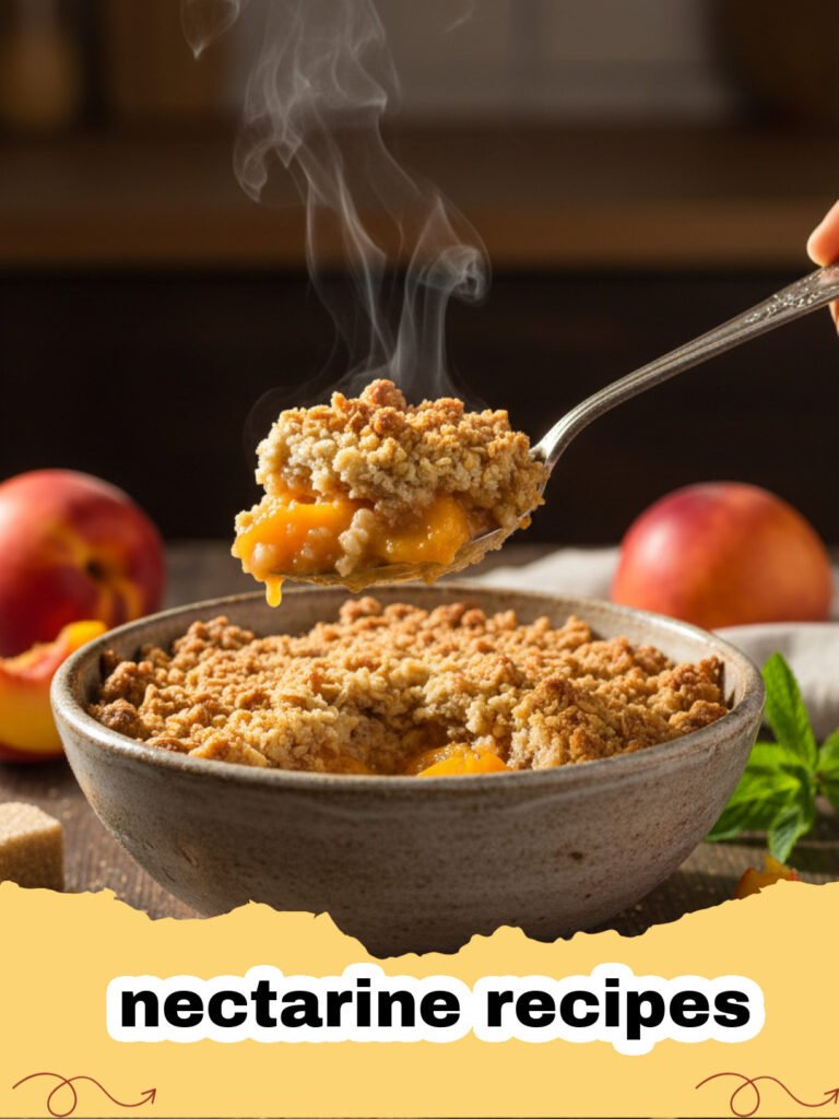 nectarine recipes - A golden brown nectarine and blueberry crisp in a glass baking dish with a scoop of melting vanilla ice cream on top.
