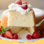 angel food cake recipes - A perfectly golden, tall classic angel food cake on a white cake stand, garnished with fresh mixed berries and a dusting of powdered sugar.