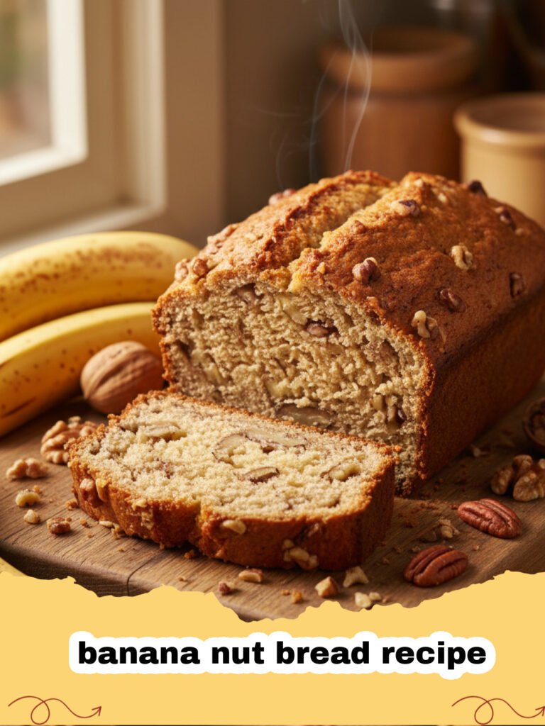 banana nut bread recipe - A perfectly golden-brown loaf of moist banana nut bread, studded with walnuts, on a wooden cutting board with slices cut, ready to be served.