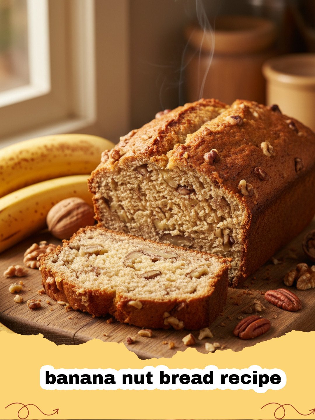banana nut bread recipe - A perfectly golden-brown loaf of moist banana nut bread, studded with walnuts, on a wooden cutting board with slices cut, ready to be served.