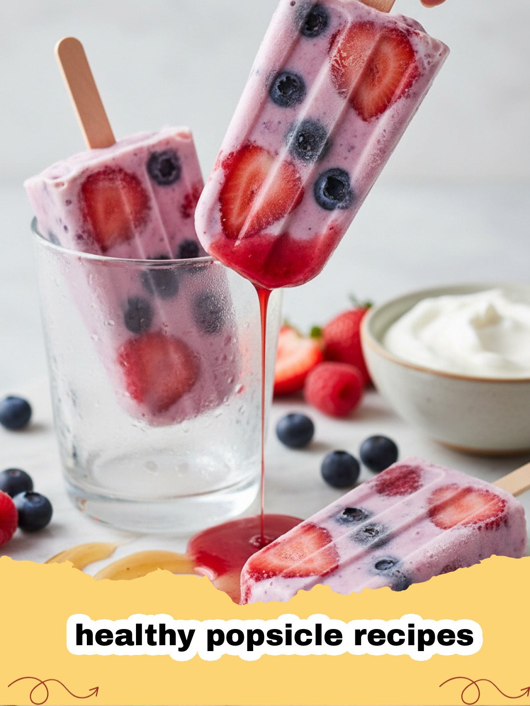 healthy popsicle recipes - Close-up of vibrant, colorful healthy popsicles with layers of tropical fruit and berries, sitting in a tray on a wooden surface.