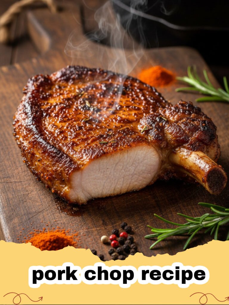 pork chop recipe - Perfectly pan-seared bone-in pork chops with golden-brown crust, resting on a plate with fresh herbs and a rich butter sauce.