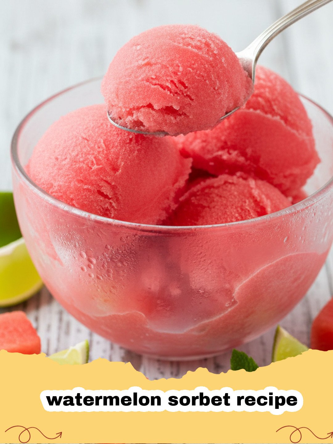 watermelon sorbet recipe - Bright pink watermelon sorbet in a glass bowl with a scoop, garnished with fresh mint and a lime wedge.