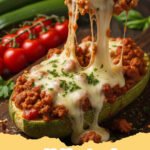 zucchini boat recipes - Deliciously stuffed zucchini boats with ground beef, cheese, and marinara sauce, garnished with fresh parsley.