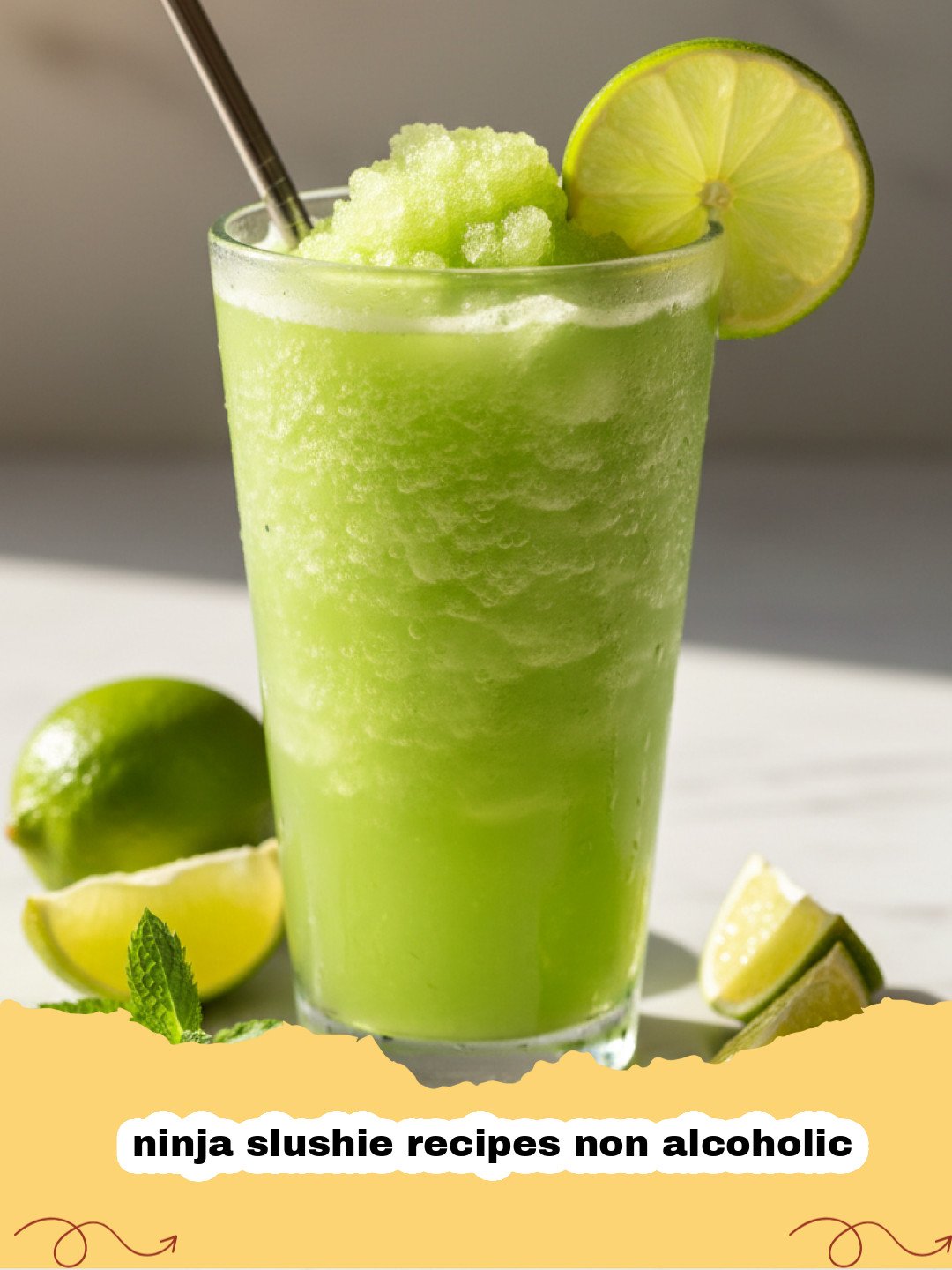 ninja slushie recipes non alcoholic - A bright pink watermelon slushie in a glass with a lime garnish