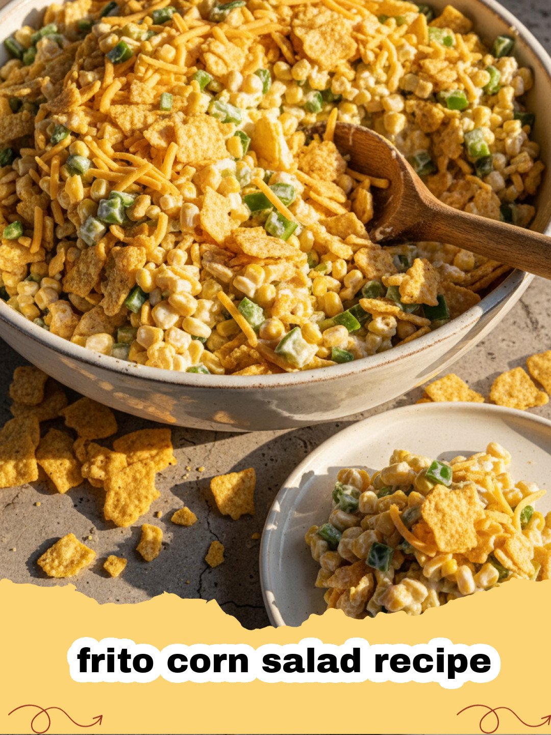 frito corn salad recipe - A vibrant bowl of creamy and crunchy Frito Corn Salad with fresh corn, red bell pepper, and Fritos.