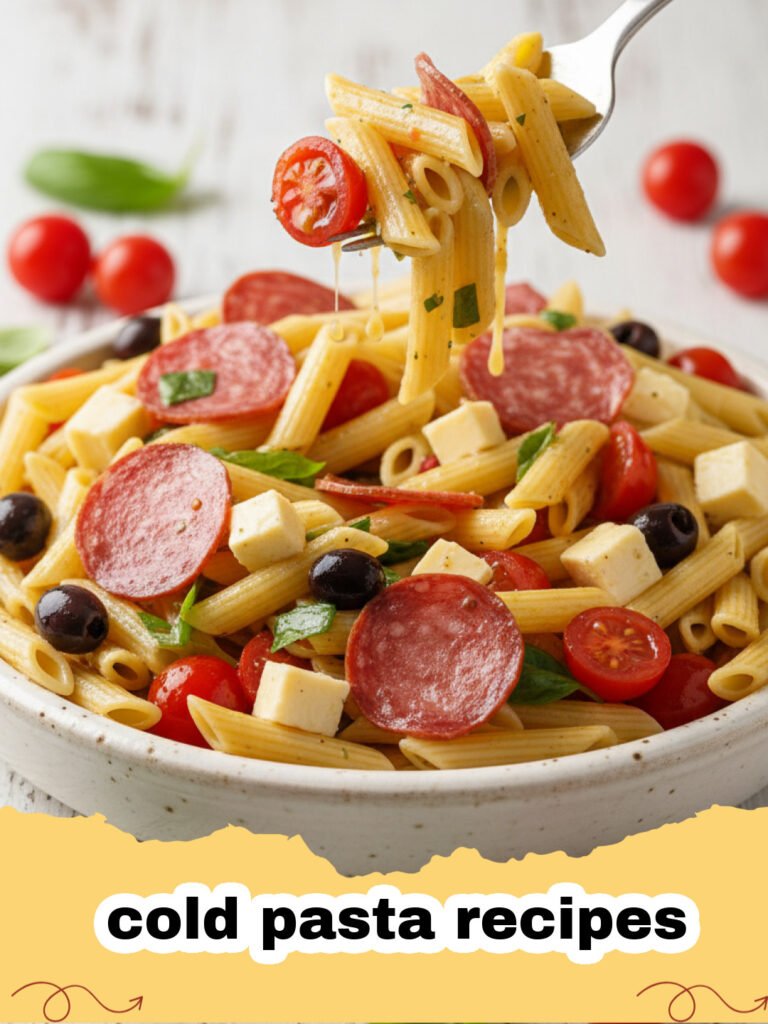 cold pasta recipes - Close-up of a vibrant Zesty Mediterranean Cold Pasta Salad in a large serving bowl, garnished with fresh herbs and feta.