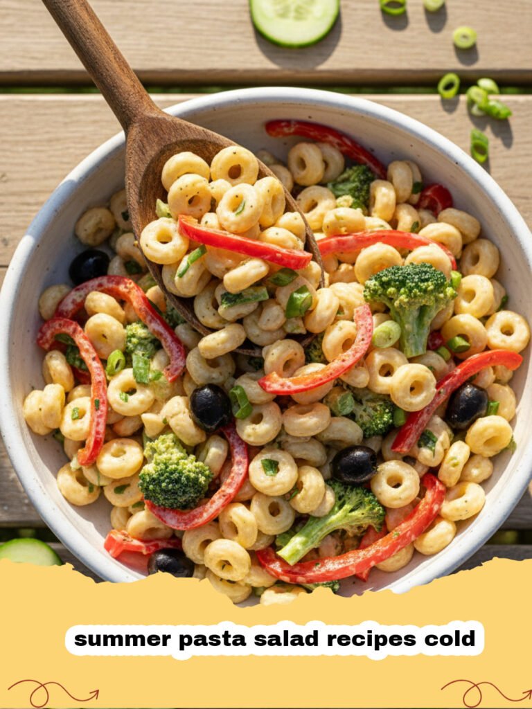 summer pasta salad recipes cold - A close-up shot of a vibrant Zesty Summer Pasta Salad in a large glass bowl, with rotini pasta, halved cherry tomatoes, diced cucumbers, bell peppers, and crumbled feta, coated in a bright vinaigrette.