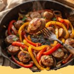 sausage and peppers recipe - Close-up of a skillet filled with juicy Italian sausage, colorful bell peppers, and onions in a rich tomato sauce, ready to be served.