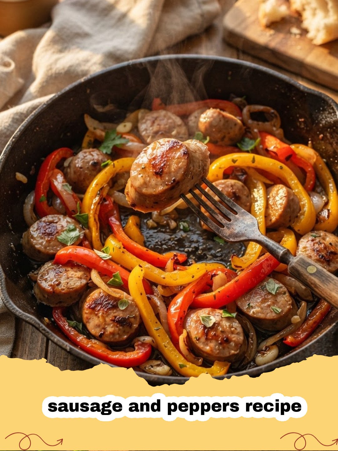 sausage and peppers recipe - Close-up of a skillet filled with juicy Italian sausage, colorful bell peppers, and onions in a rich tomato sauce, ready to be served.