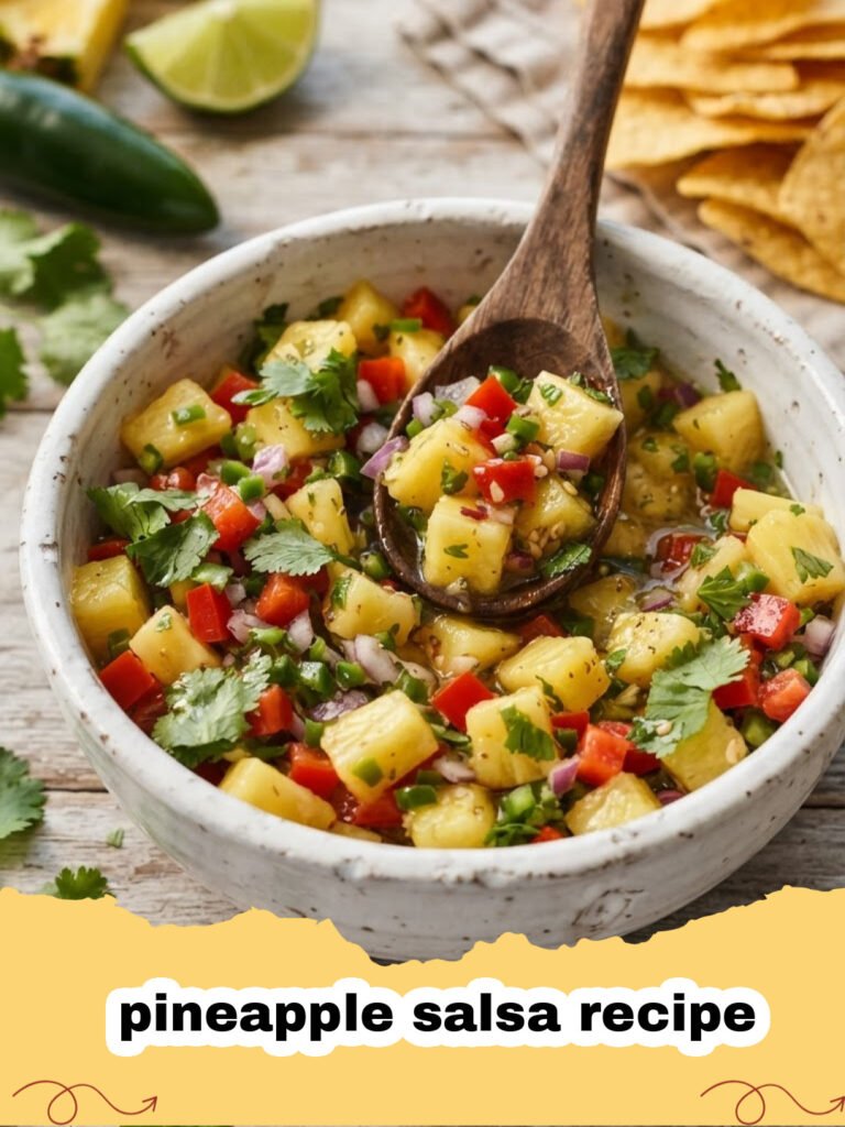 pineapple salsa recipe - A close-up shot of vibrant fresh pineapple salsa in a white bowl, garnished with cilantro, with tortilla chips and a lime wedge in the background.