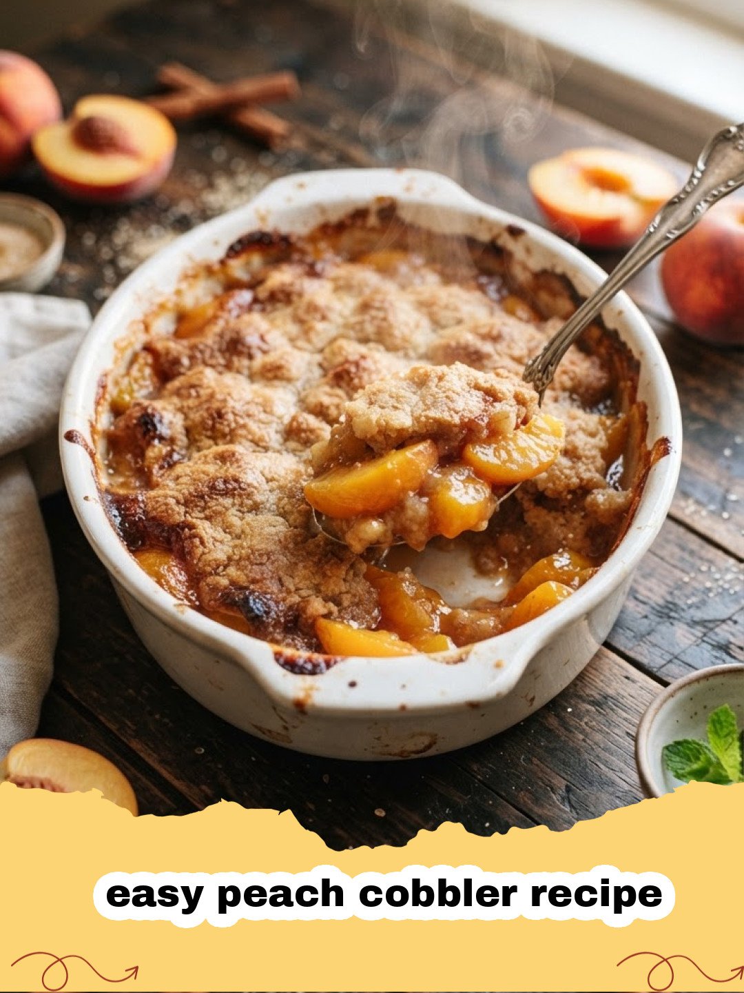 easy peach cobbler recipe - A golden brown peach cobbler in a glass baking dish with a scoop of vanilla ice cream.
